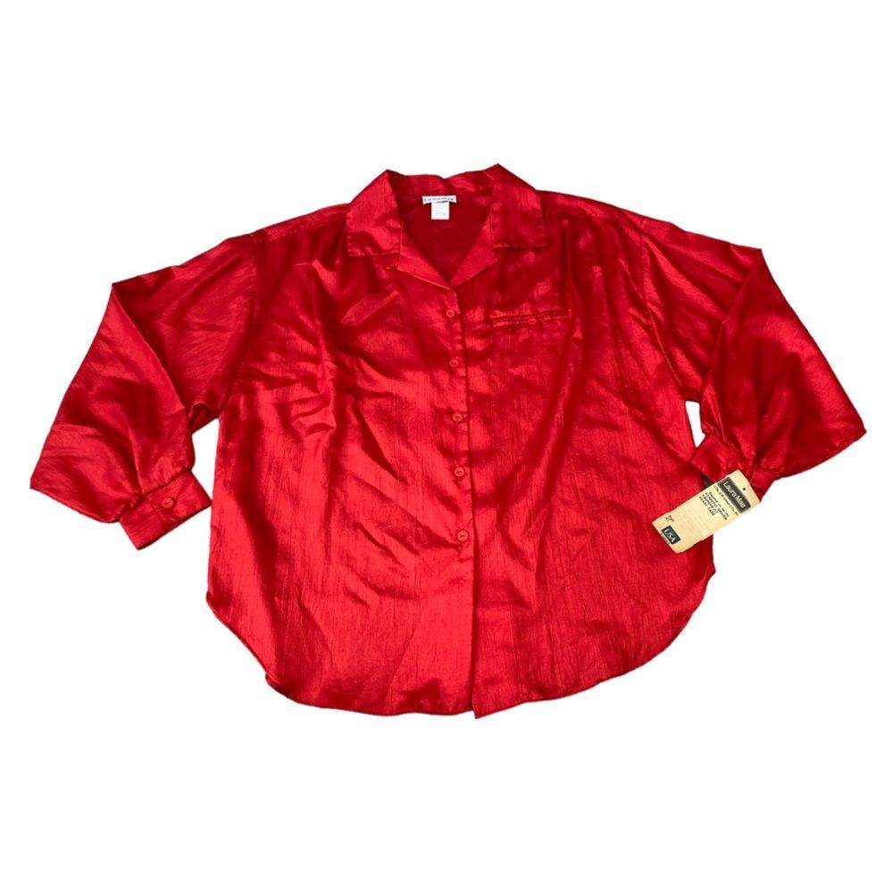 Laura Mae Vintage 80s Deadstock Red Button Down‎ Blouse, Size Medium NWT Festive